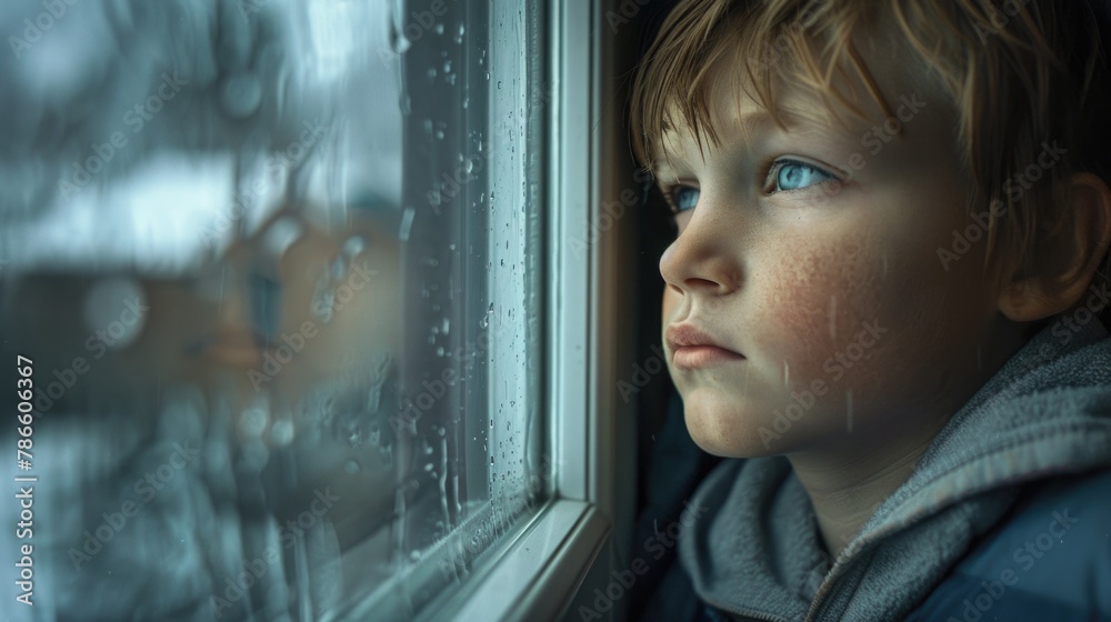 Poster a young boy looking out of a window. suitable for various concepts