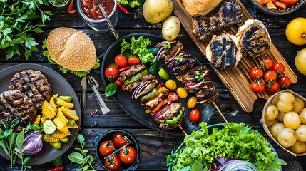 Summer bbq or picnic food top border variety of burgers grilled meat vegetables fruits salad and...