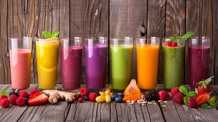 Selection of colorful smoothies and ingredients