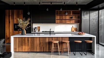 a modern kitchen with black and white walls, concrete floors, white countertops, and wooden...