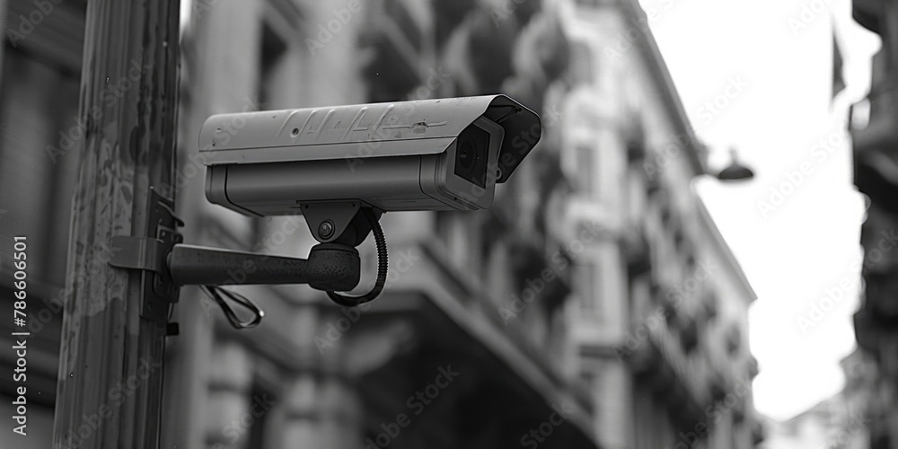 Poster Security camera on pole in front of building. Use for surveillance concepts