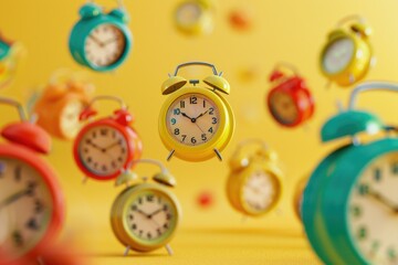 Various alarm clocks in different colors on a bright yellow background. Suitable for time management concepts