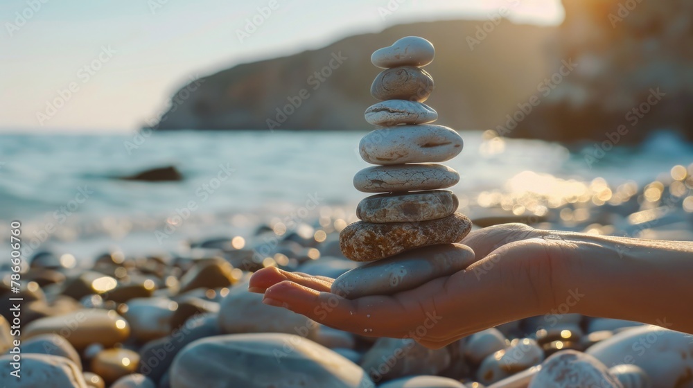 Poster a person holding a stack of rocks on a sandy beach. suitable for nature and relaxation concepts