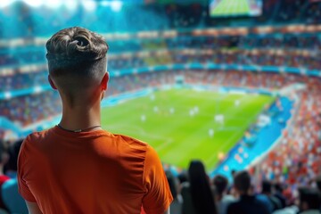 A fan is watching soccer match in a big football stadium with full of crowd. Soccer field in a blurred background