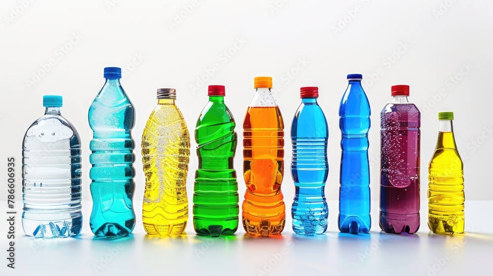 Poster row of different colored bottles of water, suitable for hydration concept
