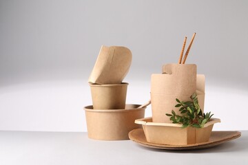 Eco friendly food packaging. Paper containers, tableware and green twigs on light background, space for text