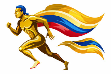bandera colombia, degradados de efecto oro, ondeando la letra X, delgada, acabados finos, destellos brillantes, lineas perfectas armonicas, hombre atleta corriendo de perfil, traje de oro