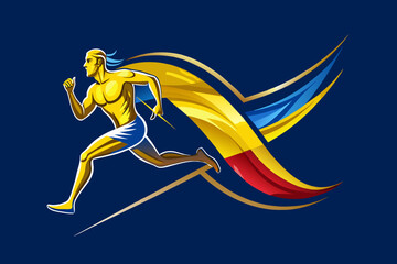 bandera colombia, degradados de efecto oro, ondeando la letra X, delgada, acabados finos, destellos brillantes, lineas perfectas armonicas, hombre atleta corriendo de perfil, traje de oro