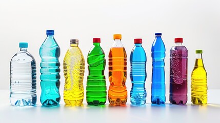 Row of different colored bottles of water, suitable for hydration concept