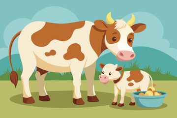 Baby cow and heh mother eating feed Baby cow