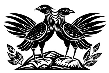 Minimalist 2 large birds standing on rock section heading flourish vector 
