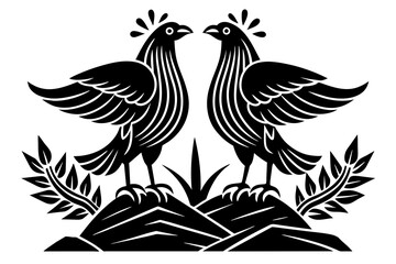 Minimalist 2 large birds standing on rock section heading flourish vector 