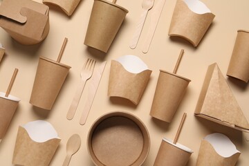 Flat lay composition with eco friendly food packagings on beige background