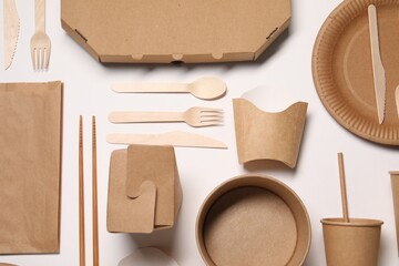 Flat lay composition with eco friendly food packagings on white background