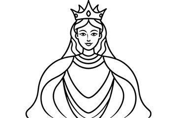 A regal queen with a crown and flowing robes line art vector 