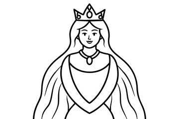 A regal queen with a crown and flowing robes line art vector 