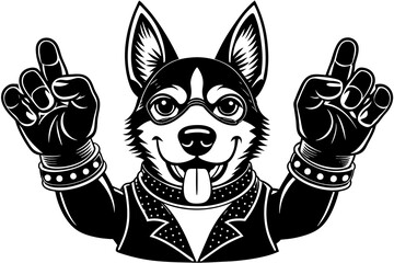 Cool dog with peace fingers in black leather gloves