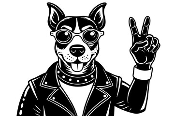 Cool dog with peace fingers in black leather gloves