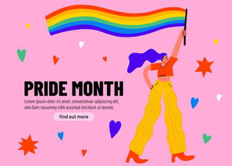 Female cartoon character hold rainbow flag during Pride month, gay parade celebrations, lgbt festival, people against descrimination. human rights, equality. Web banner, poster design for social media