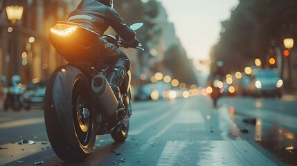 City Street Motorcycle Incident Lawyer Ad. Concept Traffic accident claims, Legal representation, Compensation recovery, Personal injury law, Motorcycle collision cases - obrazy, fototapety, plakaty