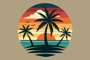Fototapeta na wymiar Beach with palms tree and sunset T-Shirt Design Vector Art white background