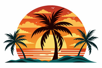 Beach with palms tree and sunset T-Shirt Design Vector Art white background