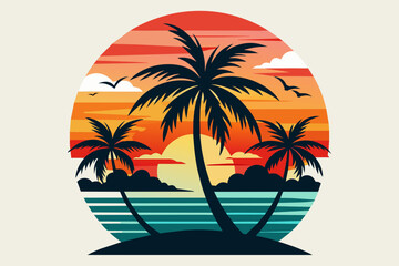 Fototapeta na wymiar Beach with palms tree and sunset T-Shirt Design Vector Art white background
