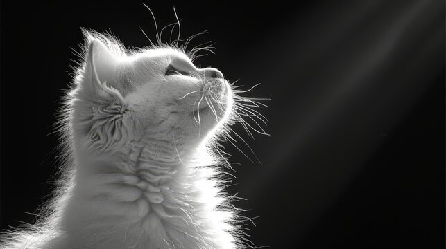   A black-and-white image of a cat with its head raised, gazing at the sky with closed eyes