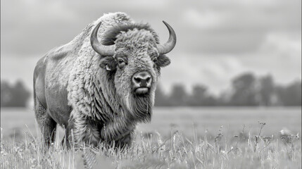   A monochrome image of a bison against a backdrop of undulating grasses and a cloud-filled sky - obrazy, fototapety, plakaty
