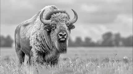 Foto op Plexiglas   A monochrome image of a bison against a backdrop of undulating grasses and a cloud-filled sky © Anna