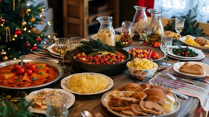 Table setup for christmas eve with traditional bulgarian vegetarian food - obrazy, fototapety, plakaty