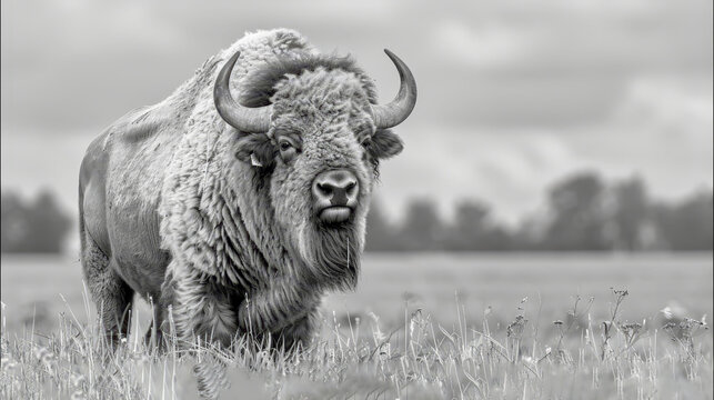   A monochrome image of a bison against a backdrop of undulating grasses and a cloud-filled sky