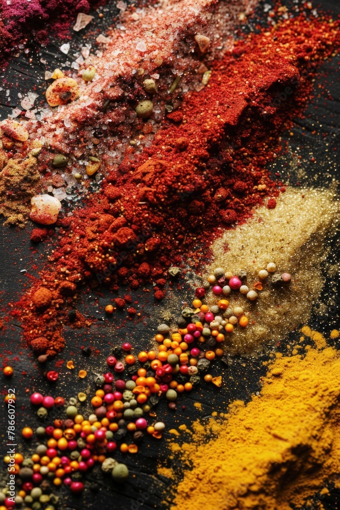 Poster various spices displayed on a black background. suitable for culinary concepts