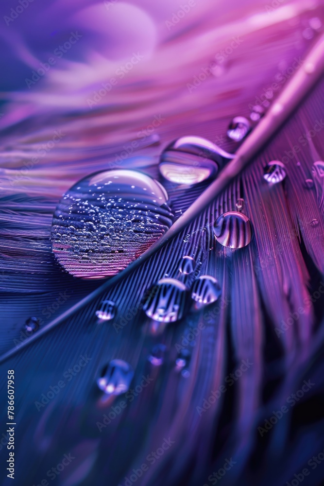 Poster close-up view of water droplets on a feather, perfect for nature or macro photography projects