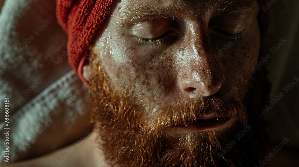 Poster close up of a man wearing a red hat. suitable for various projects