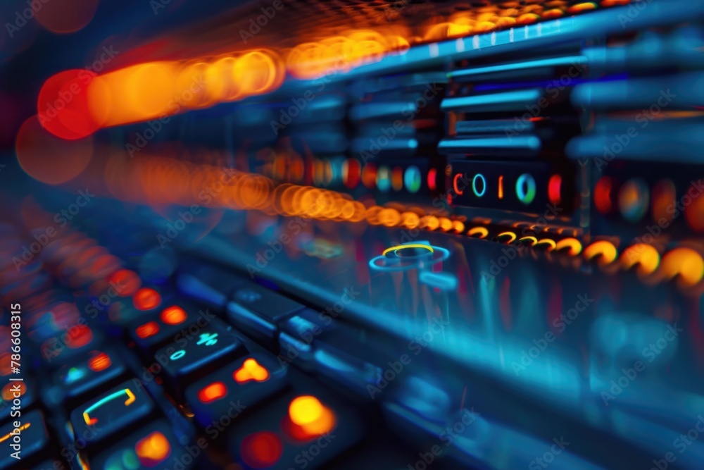 Aufkleber close-up of a keyboard with blurry lights, suitable for technology concepts