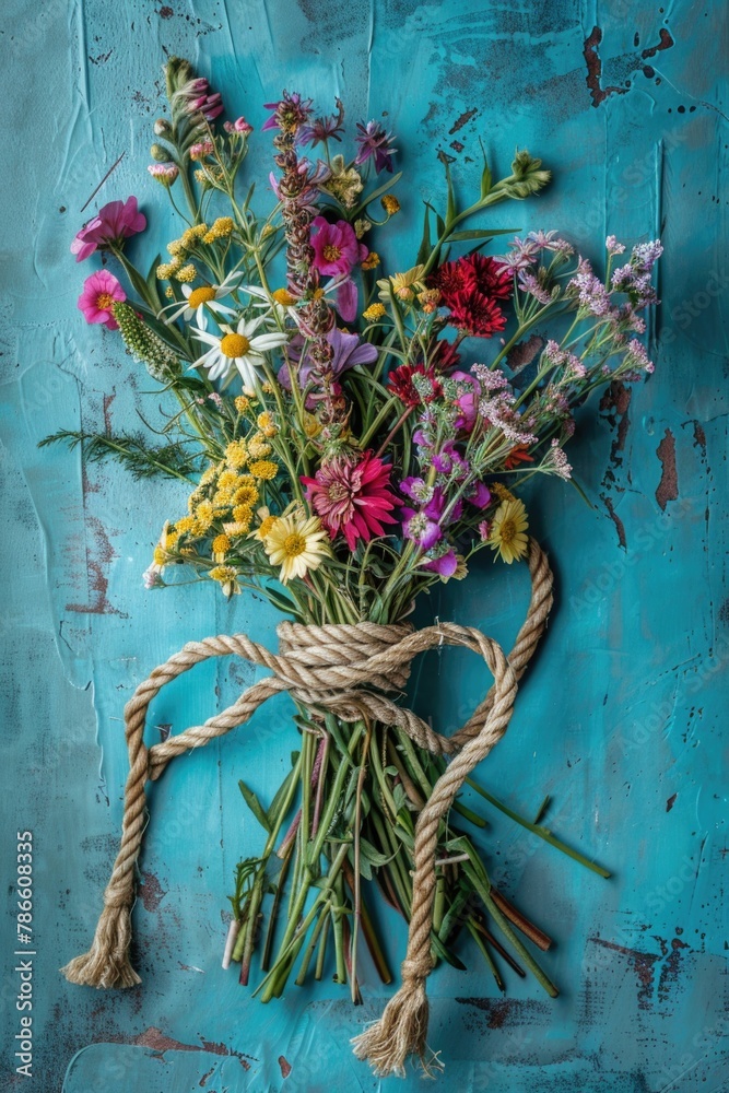 Poster a bunch of flowers tied to a rope. suitable for various concepts