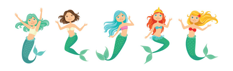 Cute Mermaid Fairy Character with Female Body and Fish Tail Vector Set