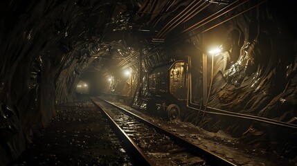 Technological equipment for mining underground in the tunnel is poor lighting - obrazy, fototapety, plakaty