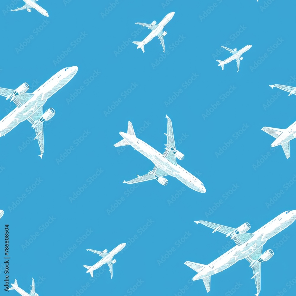Poster a group of airplanes soaring through the clear blue sky. suitable for travel and transportation conc