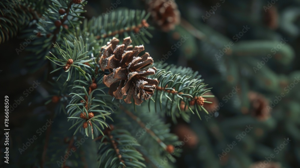 Poster close up of a pine cone on a tree, suitable for nature themes
