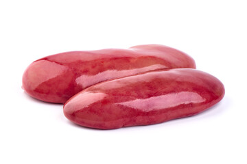 Raw pork kidneys, offals, isolated on white background. High resolution image