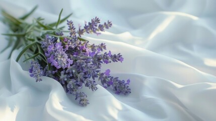 A bunch of lavender flowers displayed on a white cloth. Perfect for spa or aromatherapy concepts