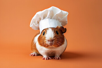 Cute Guinea Pig Wearing a Chefs Hat with Space for Copy on an Orange Background