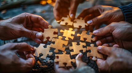 Business people put the pieces of the jigsaw puzzle together. The concepts of teamwork, business solutions, success and strategy.