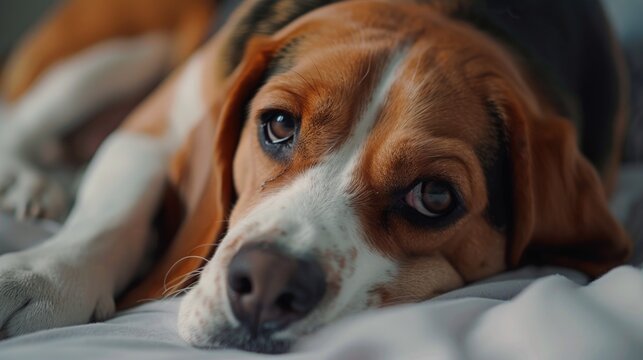 A cozy image of a dog relaxing on a comfortable bed. Perfect for pet-related designs