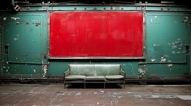   A couch faces a green-and-red wall; the wall features a red panel on one side