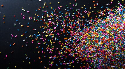 Colorful sprinkles scattered on a black surface, suitable for food and celebration concepts