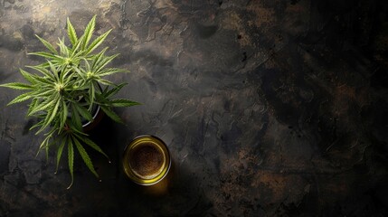 CBD medical oil of cannabis and marijuana plants on dark background, flat lay, minimal style, sunlight, banner, empty space - obrazy, fototapety, plakaty