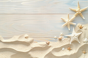 Fototapeta na wymiar Summer Beach Sand and Seashell Background on a Light Wooden Board with Spce for Copy